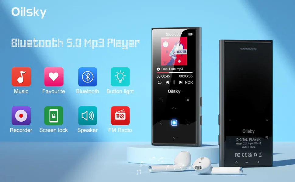 Oilsky 64GB MP3 Player Portable Digital Lossless Music Player with Bluetooth 5.0 FM Radio Built-in Speaker Touch Button Voice