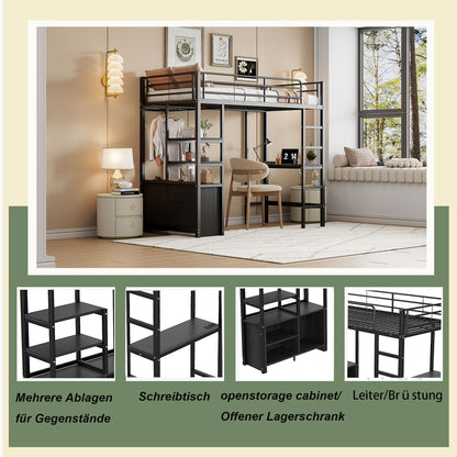 High bed 90 × 200 cm with crash protection, child bed with desk & USB, youth bed with shelves & open storage cabinet