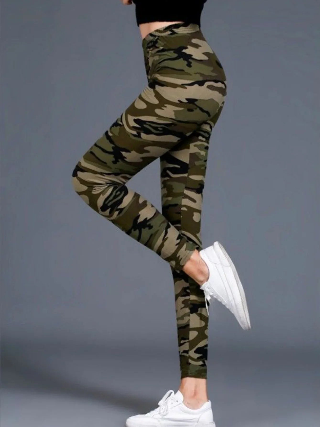 Camouflage Gray-Green Women's Casual Leggings, Cropped Length