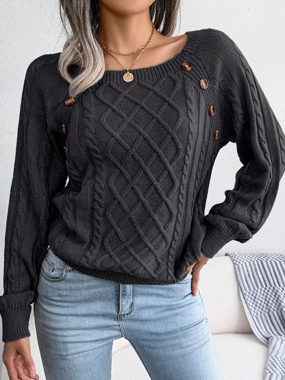Autumn/Winter European and American Casual Solid Color Square Neck Button Twist Long Sleeve Pullover Sweater
