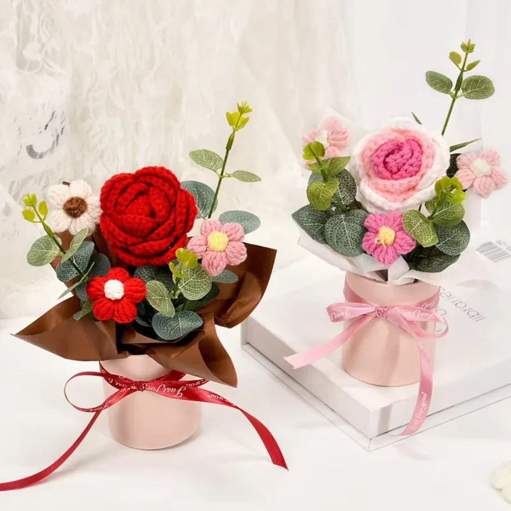 DTCTK Knitted Flower Bouquet Crochet Rose Flowers Hugging Bucket Christmas Gifts Living Room Desk Decoration Valentine's Day Gif