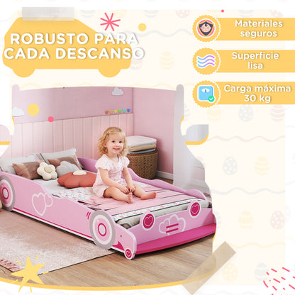 Aiyaplay Children's Bed 70X140 cm with Anti-Fall Barrier and Pink Car-Shaped Headboard Base
