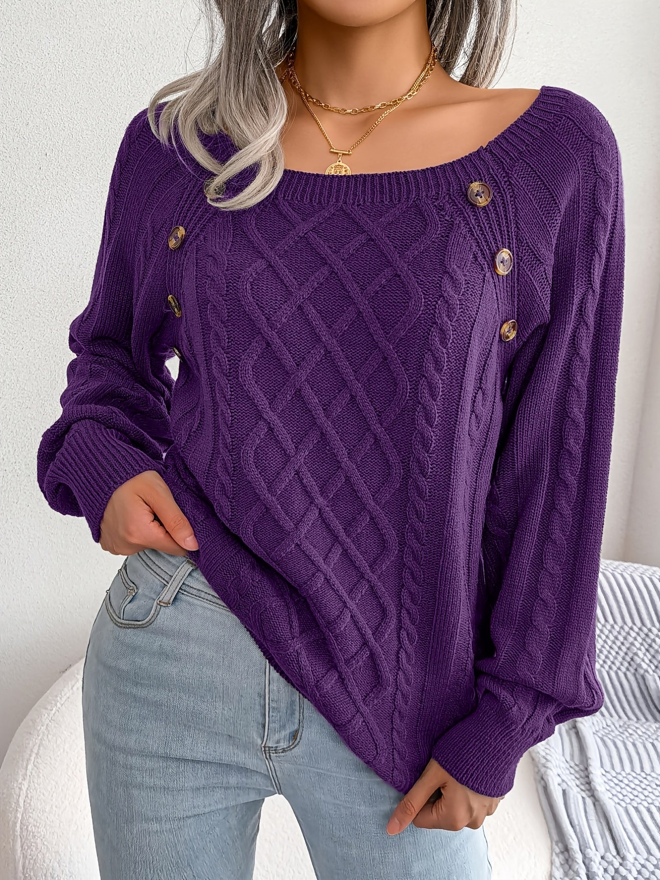 Autumn/Winter European and American Casual Solid Color Square Neck Button Twist Long Sleeve Pullover Sweater