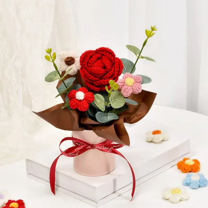DTCTK Knitted Flower Bouquet Crochet Rose Flowers Hugging Bucket Christmas Gifts Living Room Desk Decoration Valentine's Day Gif