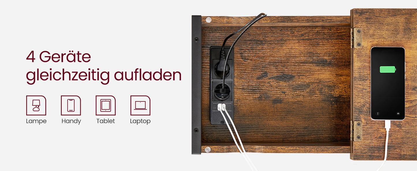 VASAGLE side table (1-St) sockets and USB ports, folding tabletop