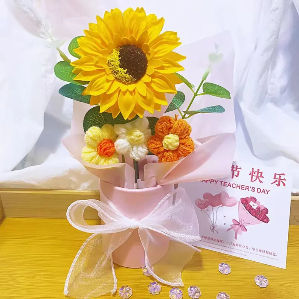 DTCTK Knitted Flower Bouquet Crochet Rose Flowers Hugging Bucket Christmas Gifts Living Room Desk Decoration Valentine's Day Gif