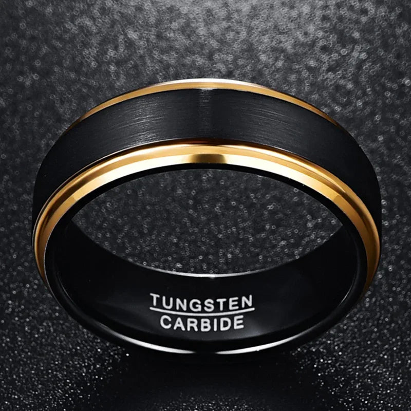 8mm Width Vacuum Plating Golden Edge Black Matte Surface Men's Tungsten Ring USA Size 7-15