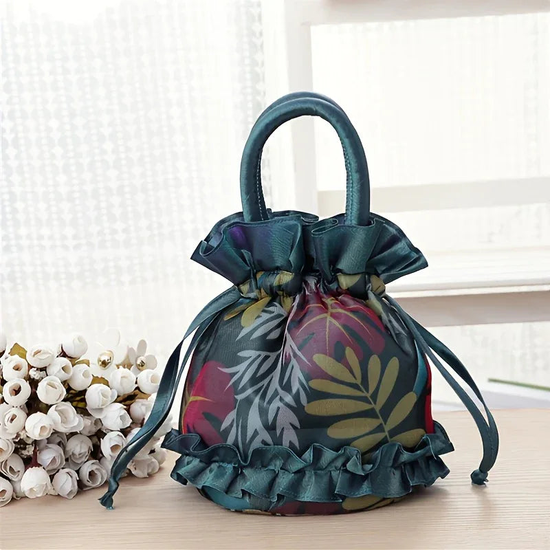 Floral Decor Drawstring Handbag, Trendy Small Evening Bag, Simple Phone Bag, Cute Bucket Bag