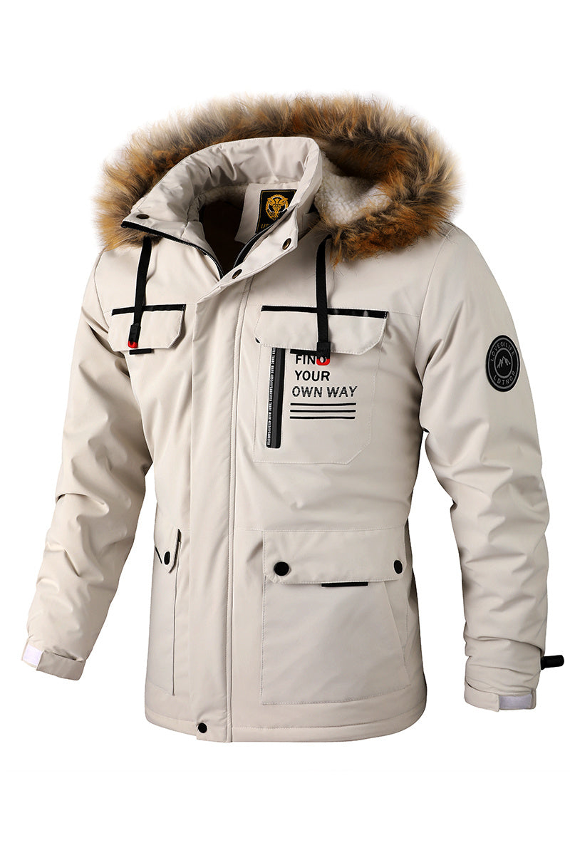 Men'S Winter Windbreaker Jacket with Warm Hood - Maroon Zip-Up Outdoor Coat, Stand Collar, Multiple Pockets, Casual Sporty Design for Cold Weather, Winter Jacket