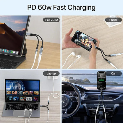 2 in 1 USB C Splitter to 3.5mm Headphone Jack and Charger Adapter PD 60W Fast Charging Audio Dongle for iPhone 15 16 17 Xiaomi