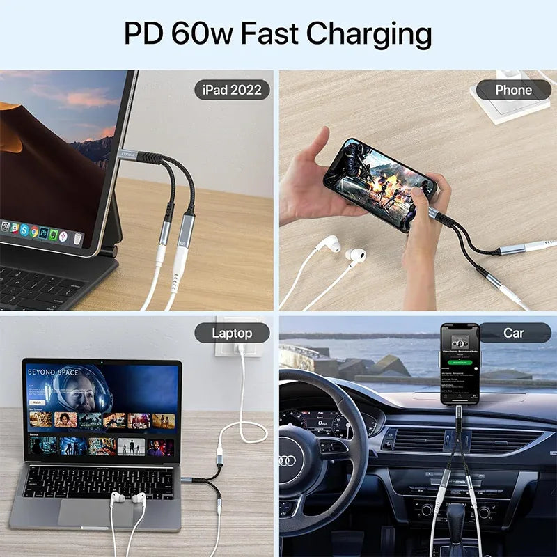 2 in 1 USB C to 3.5mm Headphone and Charger Adapter USB C PD 3.0 Port to Aux Audio Jack Fast Charging Dongle Cable Cord