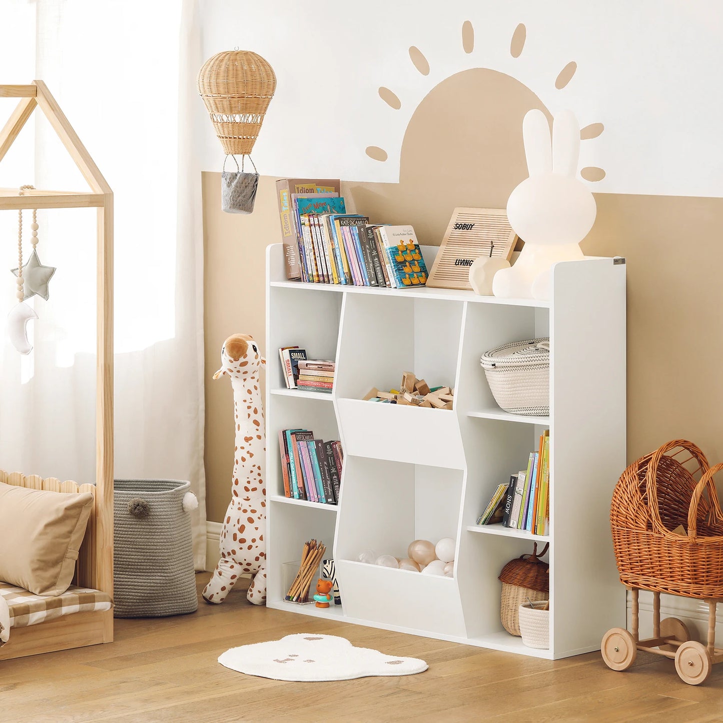 SoBuy KMB55-W bookshelf for children, kids’ shelf, storage rack with 8 open compartments, toy shelf, freestanding shelf, shelf