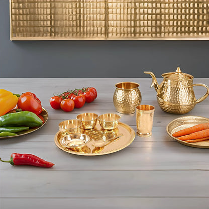 7 Piece Designer Brass Dinner Set Thali Set - 1 Plate, 3 Bowls, 1 Chuttney Bowl & 1 Glass - Dinnerware Tableware Gift Item