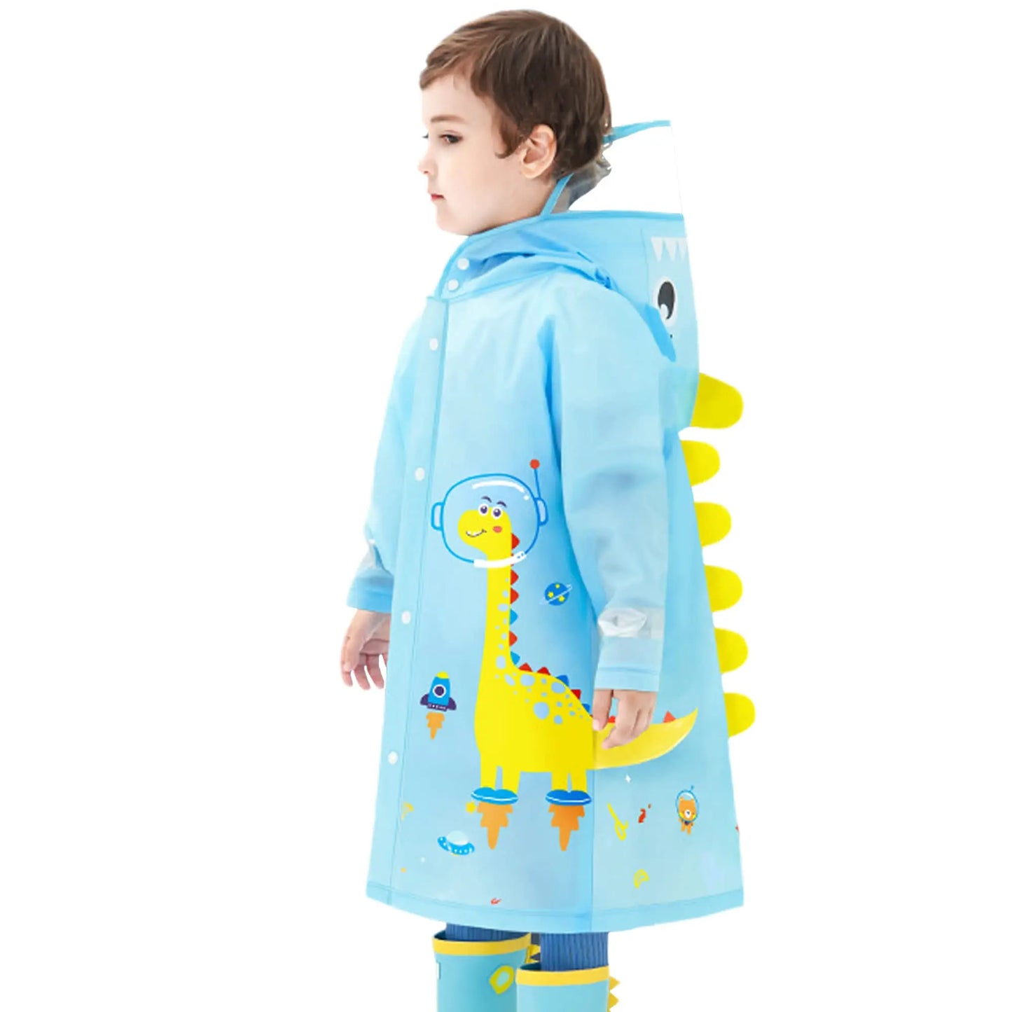 Kids Raincoat Waterproof Cute Dinosaur Space Design with Hood Big Space for Schoolbag and Transparent Brim for Children