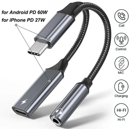 2 in 1 USB C Splitter to 3.5mm Headphone Jack and Charger Adapter PD 60W Fast Charging Audio Dongle for iPhone 15 16 17 Xiaomi