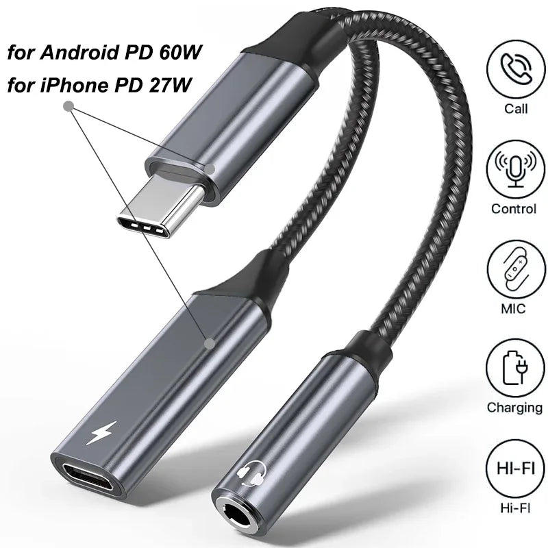 2 in 1 USB C to 3.5mm Headphone and Charger Adapter USB C PD 3.0 Port to Aux Audio Jack Fast Charging Dongle Cable Cord