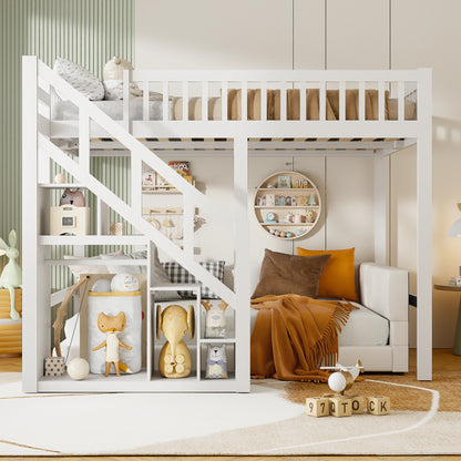 Rosahqnda floors bed youth bed, pine wood bunk bed with safety railings and stowable steps closet
