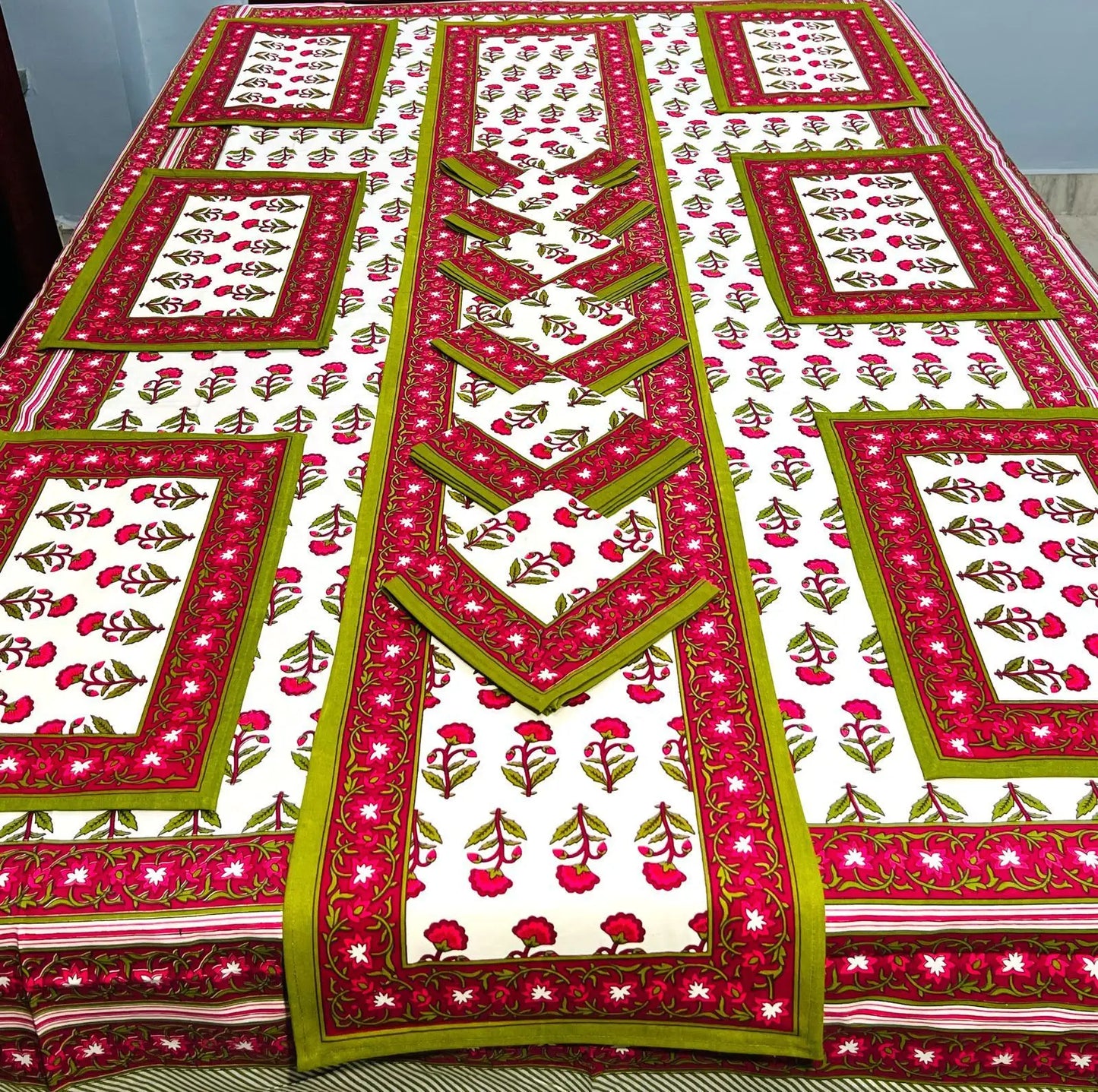 Custom Made Jaipuri Floral Print Dining Table Mats and Napkins Bamboo for 6 Seater in Different Designs & Colours