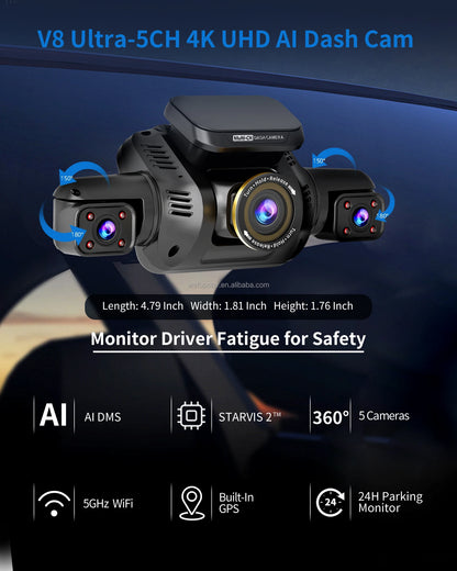 5 Channel Dash Cam Front Rear Left Right Car DVR 4K Dash Cam 360° Dash Cam Car Black Box with AI DMS 5G WiFi GPS CPL