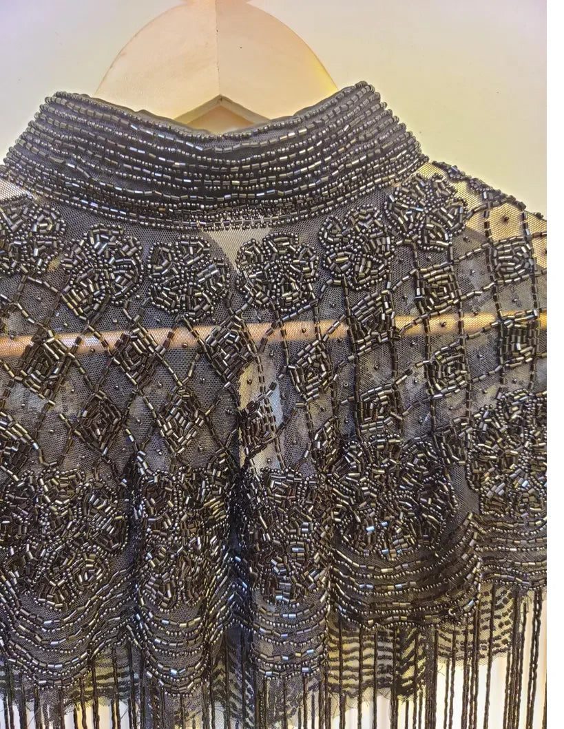 Designer Embroidered Poncho Beaded Crystal Decorations Anti-Static Organza Fabric Hand Fringes Elegant Evening Dresses for
