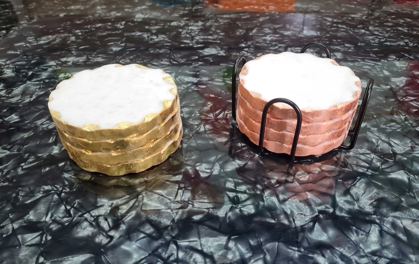 Natural White Ceramic Coaster 4 Pcs Set Gold Rose Gold Foil Hammered Edges Eco-Friendly Black Iron Metal Holder Eva Felt Pad