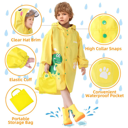 Kids Waterproof Yellow Raincoat with Adjustable Clear Brim Modern Style Children's Portable Lightweight Rainwear