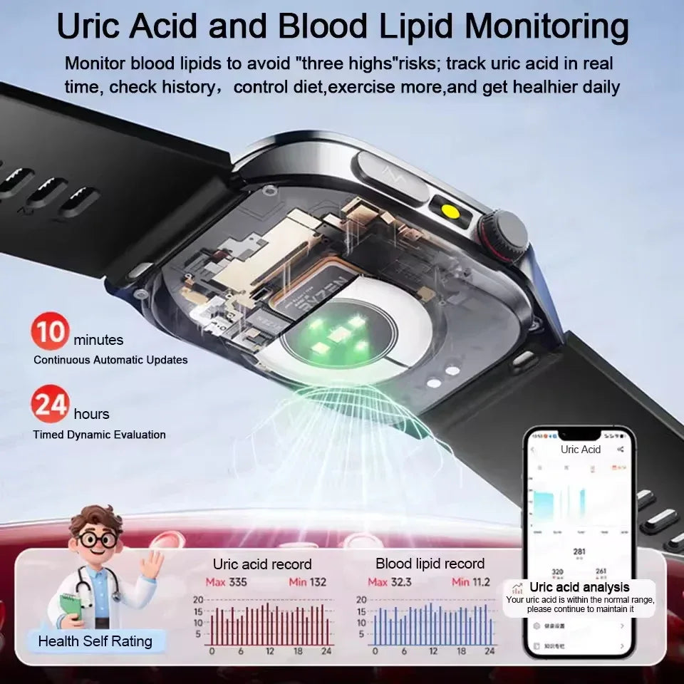 New 650nm Dual probe laser Health Smart Watch ECG+PPG Blood pressure Uric Acid Blood lipids AMOLED Physical therapy Smartwatches