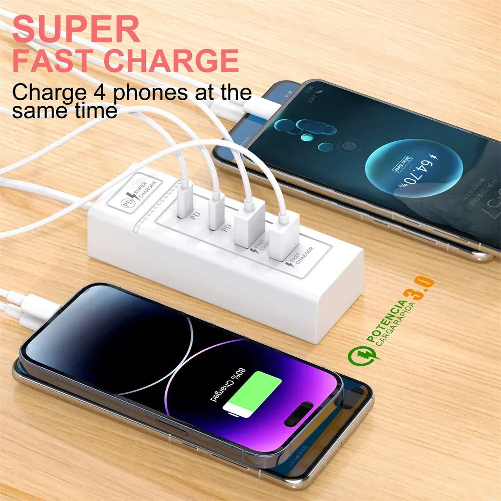 USB C Charger Power Strip Multi Ports Fast Charging EU/US/UK Plug Power Adapter Quick Charge 3.0 PD Type C Wall Charger Socket