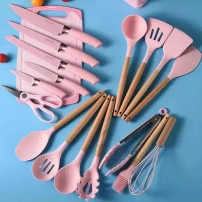 Kit 19 Peças Completo Jogo Utensílios de Cozinha Luxo Com Tábua em Silicone Espátula Faca Tesoura 2000GR Kitchen Presente Cores
