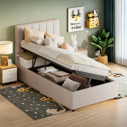 Upholstered bed 90x200 cm, hydraulic storage bed, single bed with storage and slatted frame, youth bed, box spring bed with bed box, functional bed, linen, without mattress, beige
