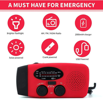 Solar Hand Crank NOAA Weather Radio Torch with Built-in Speaker AM/FM Screen USB Rechargeable 2000mAh Cell Phone Charger