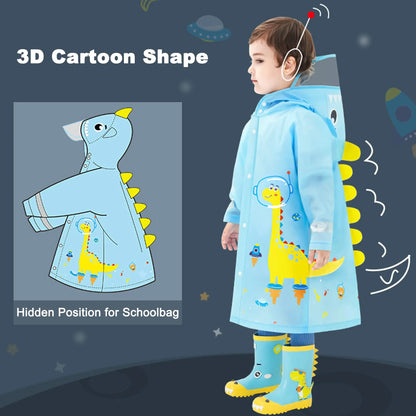 Kids Raincoat Waterproof Cute Dinosaur Space Design with Hood Big Space for Schoolbag and Transparent Brim for Children