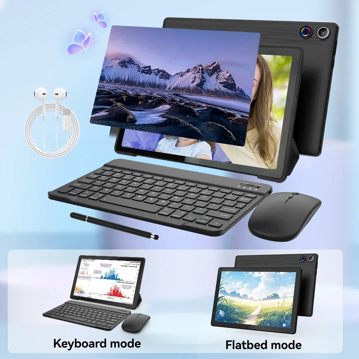 10.1 Inch Android 14 Tablet 12GB RAM 64GB ROM Face Unlock IPS HD Screen with Protective Case Stylus Keyboard Mouse Headphones