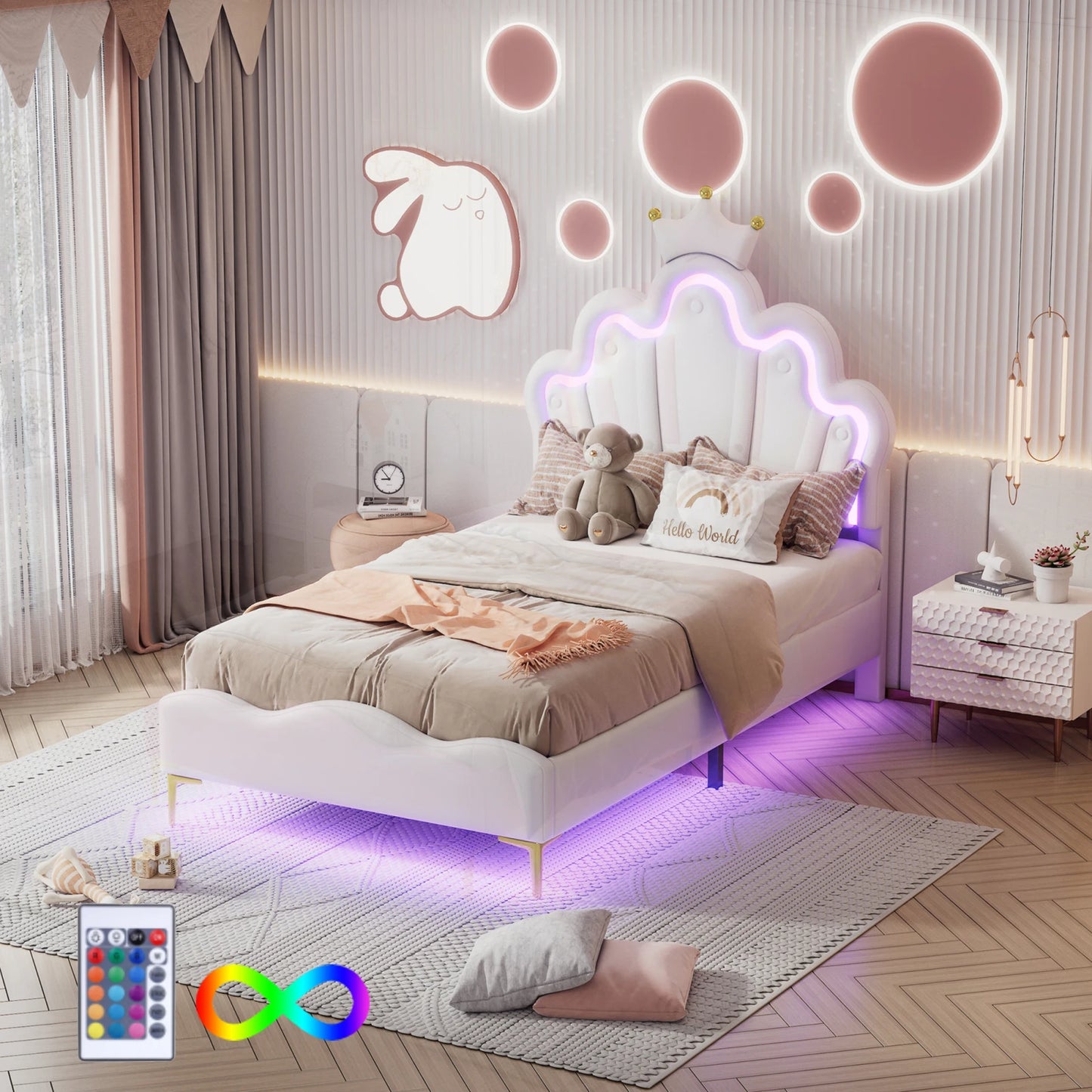 ROSAHQNDA 90x200cm Single bed, crown-shaped princess bed, soft PU leather upholstery with LED light strip, without Mattress
