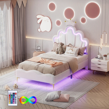 ROSAHQNDA 90x200cm Single bed, crown-shaped princess bed, soft PU leather upholstery with LED light strip, without Mattress