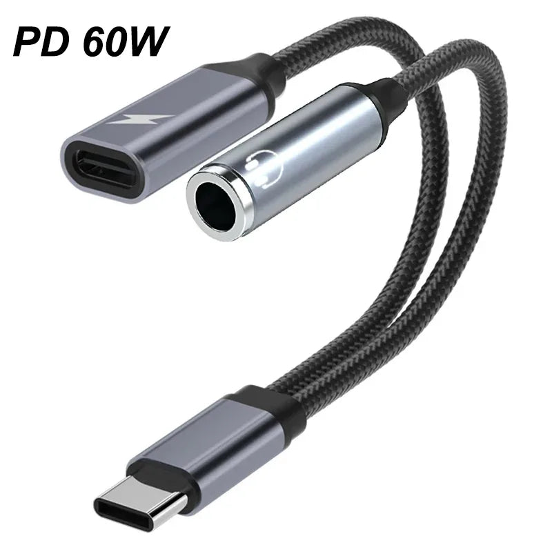2 in 1 USB C Splitter to 3.5mm Headphone Jack and Charger Adapter PD 60W Fast Charging Audio Dongle for iPhone 15 16 17 Xiaomi