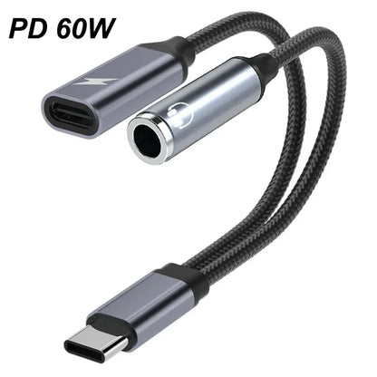 2 in 1 USB C Splitter to 3.5mm Headphone Jack and Charger Adapter PD 60W Fast Charging Audio Dongle for iPhone 15 16 17 Xiaomi