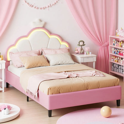 Children's bed 90x200 cm, Princess Crown-shaped bed with Adjustable bed Head, Girl bed with LED, Single bed, Pink