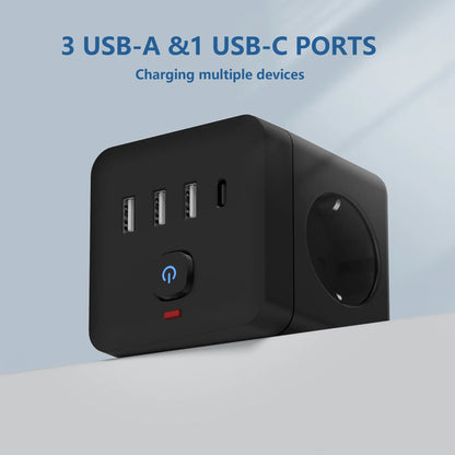 7-in-1 EU Power Strip, Power Strip Surge Protector 3 AC Outlets 3 USB 1 Type-C, Desktop Charging Station With Overload Protecti