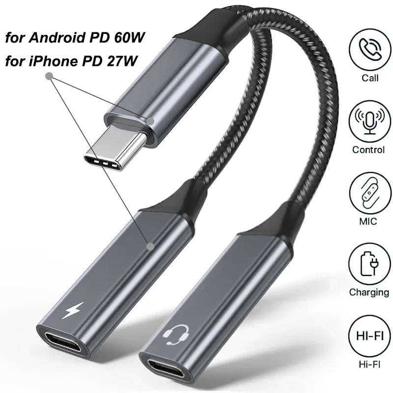 2 in 1 USB C to 3.5mm Headphone and Charger Adapter USB C PD 3.0 Port to Aux Audio Jack Fast Charging Dongle Cable Cord