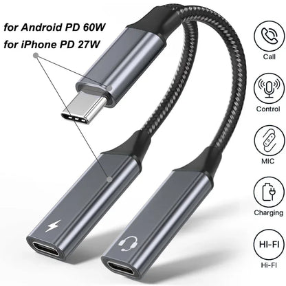 2 in 1 USB C to 3.5mm Headphone and Charger Adapter USB C PD 3.0 Port to Aux Audio Jack Fast Charging Dongle Cable Cord