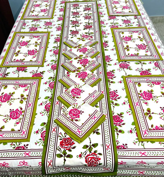 Custom Made Jaipuri Floral Print Dining Table Mats and Napkins Bamboo for 6 Seater in Different Designs & Colours