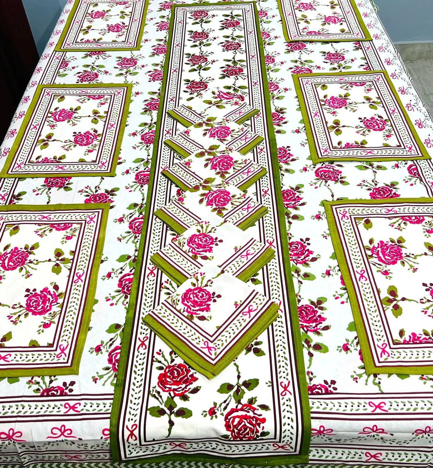 Custom Made Jaipuri Floral Print Dining Table Mats and Napkins Bamboo for 6 Seater in Different Designs & Colours