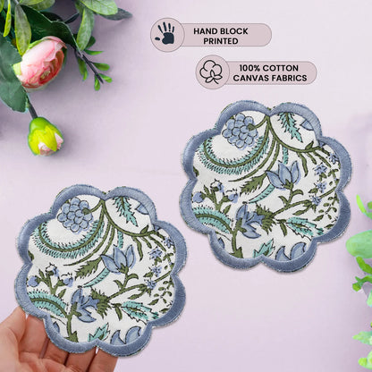 Ridhi Trending New Sky Blue Set of 8 Coasters Hand Block Printed & Embroidered Scallops Coasters for Drinks Wholesale Product