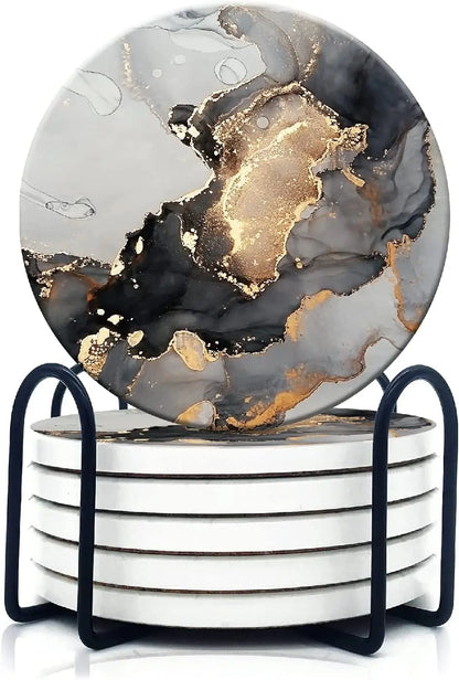Black Marble Coasters Absorbent Ceramic Drink Non-Slip Cork Base Round Bar Suitable for coffee tea wine and more