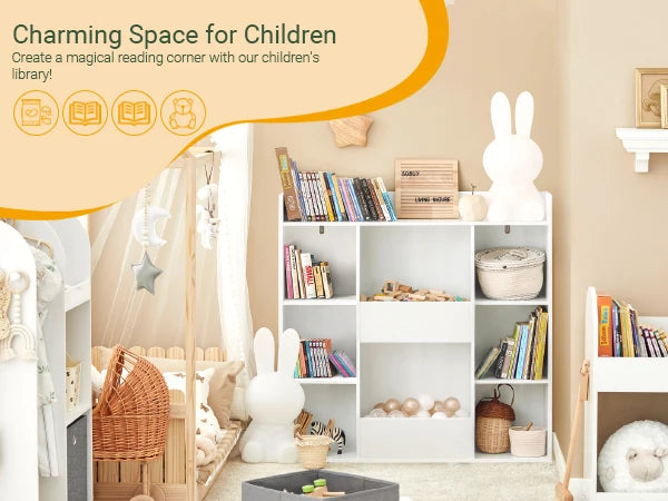 SoBuy KMB55-W bookshelf for children, kids’ shelf, storage rack with 8 open compartments, toy shelf, freestanding shelf, shelf
