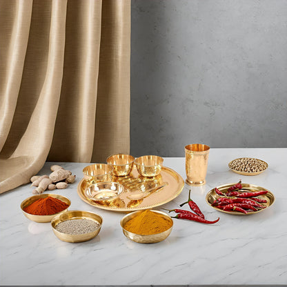 7 Piece Designer Brass Dinner Set Thali Set - 1 Plate, 3 Bowls, 1 Chuttney Bowl & 1 Glass - Dinnerware Tableware Gift Item