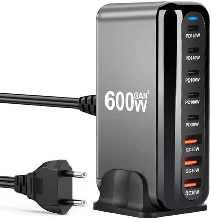 600W USB C Charger 100W USB C Charger Block, GaN III 8-Port Fast Charging Station Hub,PD 3.1 140W Laptop Charger Adapter