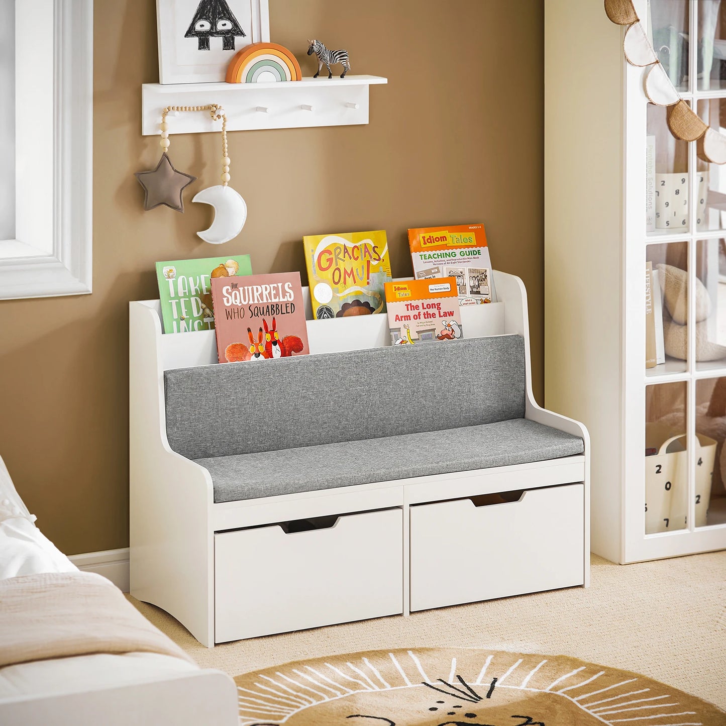 SoBuy KMB66-W kids bench with bookshelf toys chest storage box with roller shoe bench with seat cushion
