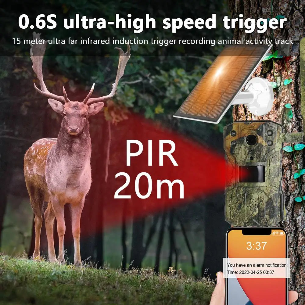 Solar shooting Trail Camera 20M PIR Motion Detection storm Camera 4K 14MP 4G SIM Card 30M Nigh Vision mAh